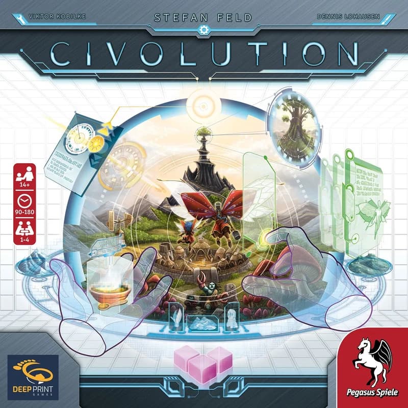 Boîte du jeu de société Civolution de Stefan Feld, illustrations Dennis Lohausen, édition Deep Print Games et Pegasus Spiele, indications 1 à 4 joueurs et 90-180 minutes de partie