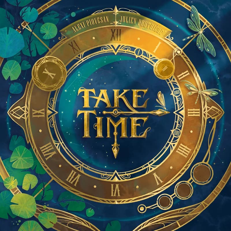 Boîte du jeu de société coopératif Take Time édité par Libellud, illustration d'horloge dorée sur fond bleu nuit
