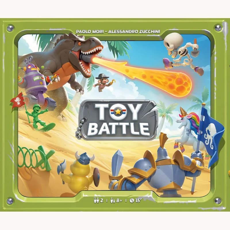 Boîte du jeu de société Toy Battle, édition Repos Production, avec ses figurines de jouets en plein affrontement sur fond de désert