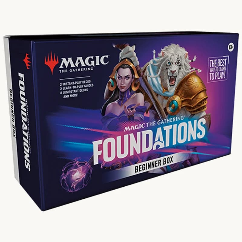 Boîte d'apprentissage Magic the Gathering Fondations, édition anglaise Beginner Box, avec deux personnages illustrés sur la face avant