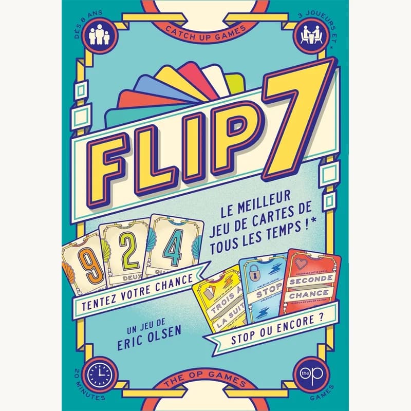 Boîte du jeu de cartes Flip 7, édition française Catch Up Games, avec le slogan « stop ou encore ? »